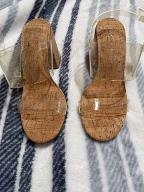 Kelly & Katie Clear Strap Cork Block Heel Sandals - Clear and Brown